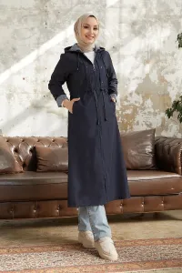 InStyle Burgundy Striped Pattern Long Trench Coat - Navy Blue