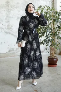 InStyle Floral Pleated Millia Chiffon Dress - Black