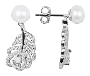 JwL Luxury Pearls Orecchini pendenti a forma di piume con vera perla bianca e zirconi JL0536