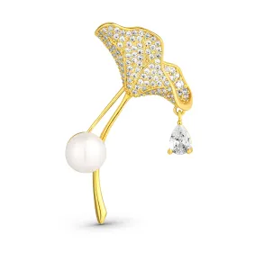 JwL Luxury Pearls Spilla scintillante placcata oro 2in1 con cristalli e vera perla Ginkgo JL0837