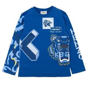 Kenzo Boys K And Tiger Logo T-Shirt Blue - 12A BLUE