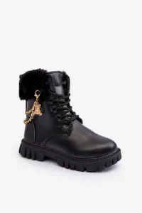 Leather warm children's ankle boots with chain, Black Cadia