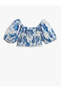 Koton Floral Crop Blouse with Balloon Sleeves Off the Shoulders Gipping Detailed