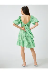 Koton Short Plaid Balloon Sleeve Dress with Frilly Tie Detail