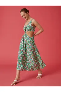 Koton Long Floral Dress with Thick Straps Window Detailed