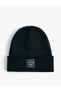 Koton Knitted Beanie Hat with Slogan Embroidered Label Detail Folded