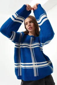 Lafaba Women's Sax Crew Neck Plaid Pattern Sweater