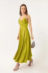 Lafaba Women's Pistachio Green Satin Midi Evening Dress &; Prom Dress with Rope Straps and Waist Belt