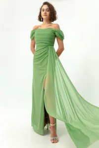 Lafaba Women's Green Boat Collar Draped Long Glittery Evening Dress with a Slit