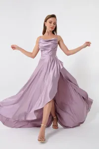 Lafaba Women's Lilac Volleyball Satin Evening &; Prom Dress with a slit