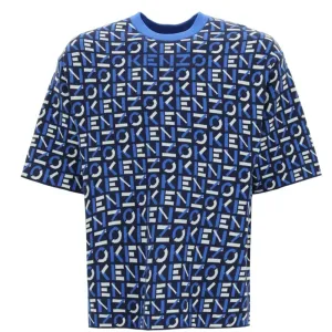 Kenzo Mens Monogram Print Oversized T-shirt Blue - S BLUE
