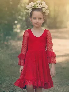 Abiti da ragazza di fiori rossi Abiti da spettacolo per bambini con scollo a V e maniche lunghe in poliestere con scollo a V #432307