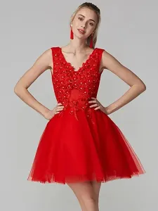 Red Homecoming Dress 2023 V Collo a V Abito da ballo senza maniche in rilievo in ritaglio tulle pizzo abiti corti per il ballo #460373