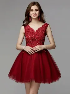 Red Homecoming Dress 2023 V Collo a V Abito da ballo senza maniche in rilievo in ritaglio tulle pizzo abiti corti per il ballo #460386