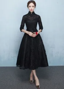 Abbigliamento per la madre della sposa    svasato nero cintura al polpaccio con colletto alla coreana mezze maniche zip di pizzo #349342