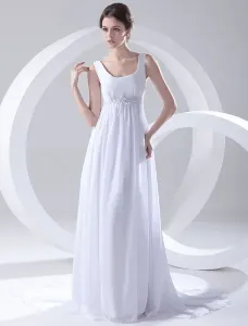 Abbigliamento da sposa bianco chiffon scollo rotondo vita alta stile impero strascico #333855