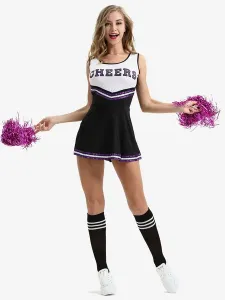 Costumi da ragazza di cheerleaders di Halloween per le donne Costumi da festa in poliestere nero sexy abito corto Set completo #470367