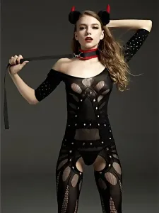 Sexy Bodystocking Lingerie Nero Sheer Net Women Off spalla a maniche corte da notte