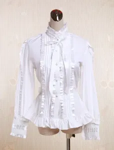Bianco cotone Lolita camicetta maniche lunghe stanno Colalr pizzo fiocco livelli volant