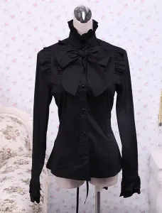 Cotone nero Lolita camicetta maniche lunghe Stand collare volant Bow #335637