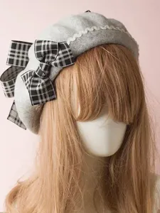 Classico berretto da baseball Lolita Beret Plaid Bow in lana bordeaux #364849
