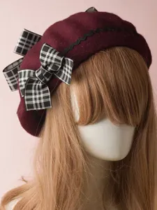 Classico berretto da baseball Lolita Beret Plaid Bow in lana bordeaux #364850