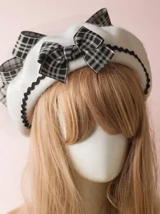 Classico berretto da baseball Lolita Beret Plaid Bow in lana bordeaux #364852