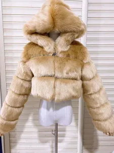 Cappotti di pelliccia sintetica bianca Giacca corta con cappuccio Capispalla invernale da donna #407491