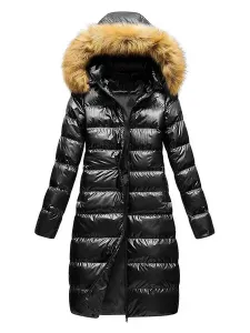 Giacca da donna Cappotto imbottito nero Capispalla invernale con cappuccio in pelliccia sintetica #391239