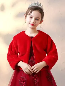Flower Girl Avvolge Camicetta invernale in pelliccia sintetica a maniche lunghe rossa #409989