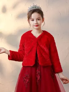 Flower Girl Avvolge Camicetta invernale in pelliccia sintetica a maniche lunghe rossa #409995
