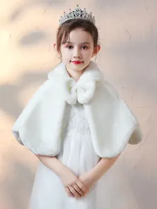 Flower Girl Wraps Ivory Bows Mantella senza maniche in pelliccia sintetica Flower Girl Winter Poncho Cape #410004