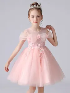Abiti da ragazza di fiori rosa Abiti da spettacolo per bambini con scollo gioiello senza maniche corte in pizzo principessa #424381