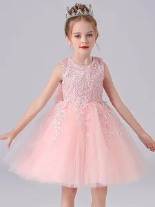 Abiti da ragazza di fiori rosa gioiello collo in pizzo senza maniche abito da principessa corto archi abiti da spettacolo per bambini formali