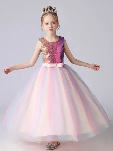 Abiti da ragazza di fiori rosa gioiello collo paillettes senza maniche abito da principessa alla caviglia archi abiti da festa per bambini #424231