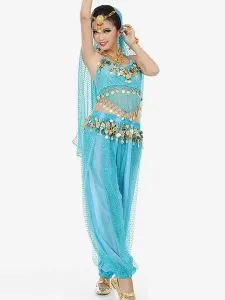 Carnevale Costume di Danza del Ventre 2023 Abito da Ballo in Bollywood di Chiffon Blu con Velo da Donna Halloween