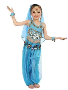 Carnevale Costumi per la danza del ventre 2023 indiani di Bollywood indiani senza maniche in chiffon blu per bambini Halloween #352307