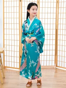 Carnevale Costumi giapponesi Kimono da bambino Abito in poliestere blu ciano Set costumi da donna orientali per le feste Halloween #386471