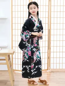 Carnevale Costumi giapponesi Kimono da bambino Abito in poliestere nero Costumi estivi per feste da donna orientali Halloween #386708
