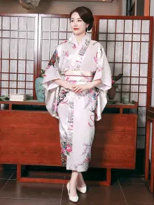 Carnevale Costumi giapponesi per adulti Kimono rosa chiaro Abito in raso di poliestere Set di costumi orientali per le feste Halloween #386574