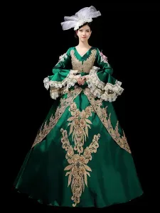 Costumi retrò Abito copricapo in poliestere ricamato verde scuro Abito Maria Antonietta Costume Set Abbigliamento vintage #412940