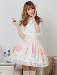 Dolce luce rosa bianco stampato Skirt Lolita con pizzo #336996