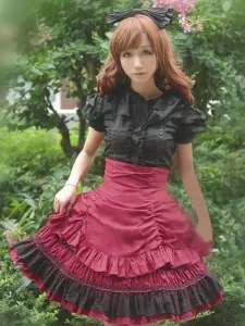 Sweet Lolita Dress SK pizzo rosa incrociato Ruffle cotone Lolita gonna a vita alta #348145