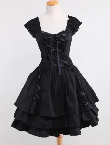 Gothic Lolita Dress OP Black Square Neck manica corta Ruffle Tiered Lolita One Piece Dress #333590