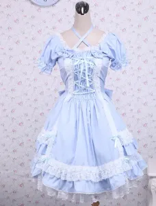 Vestito da Lolita bianco e blu dolce in cotone con maniche corte con fiocchi