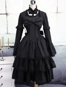 Vestito da Lolita nero classico tradizionale in cotone con maniche lunghe e collo alto multistrato #334838