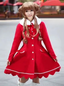 Cappotto rosso Lolita Cashmere Flare dolce Lolita cappotto pelliccia collo manica lunga pizzo inverno Lolita cappotto #348443