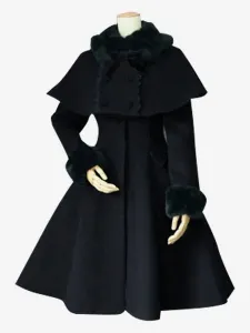 Dolce Lolita Cappotto lana nera Turndown collo manica lunga Slim Fit Lolita staccabile del capo cappotto #348454
