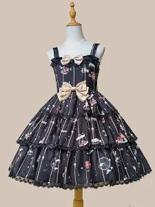 Sweet Lolita JSK Dress Poliestere senza maniche Bowknot Navy Blue Lolita Jumper Gonna #847386