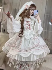 Sweet Lolita OP Dress Abito da sposa Maniche rimovibili Volant in poliestere Fiocchi di pizzo Abito bianco Lolita One Piece